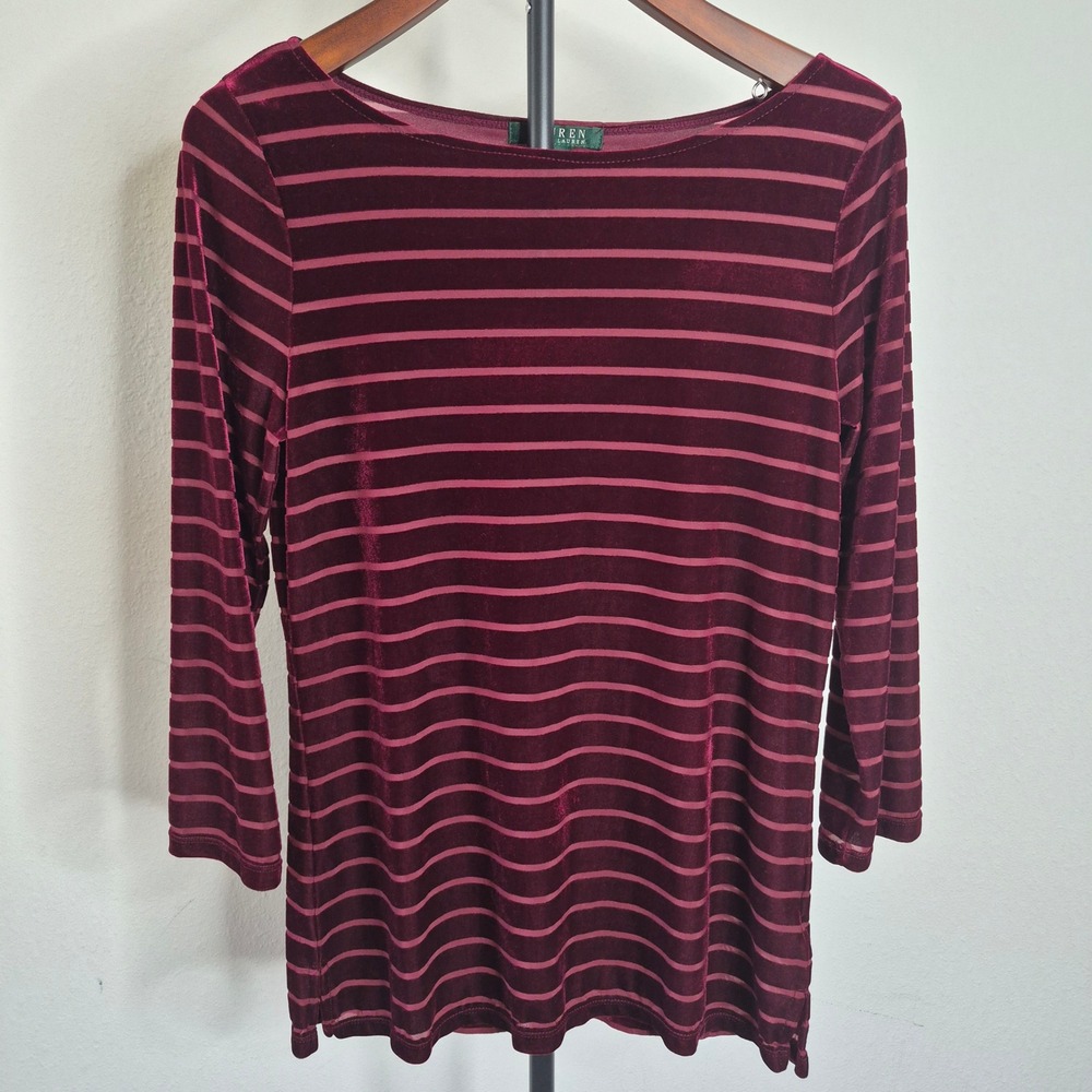 Lauren Ralph Lauren Velvet Burnout Striped Sheer Boat Neck Top Burgundy M Glam